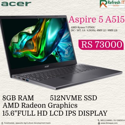 ACER ASPIRE 5 A515 AMD Ryzen 7 5700U| 15.6″FULL HD LCD IPS DISPLAY| 8GB RAM| 512NVME SSD |AMD Radeon Graphics |1 YEAR WARRANTY| Steel Gray